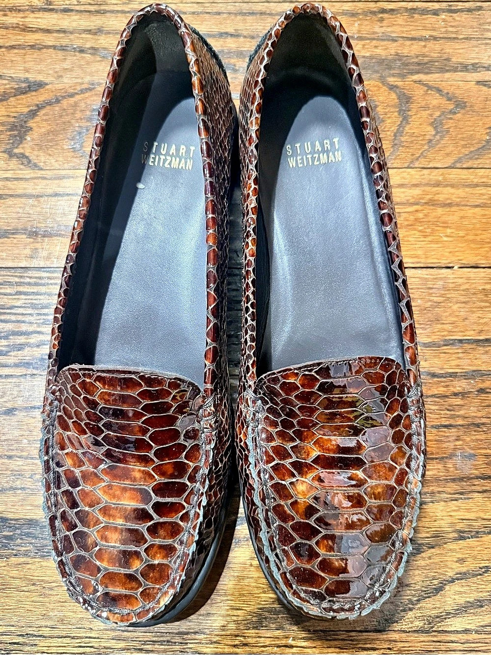 Stuart Weitzman Reptile-Textured Brown Loafers
